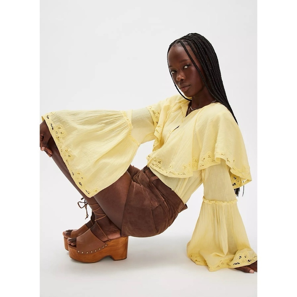 NWT Free People Lace Long Sleeve Blouse Yellow Small